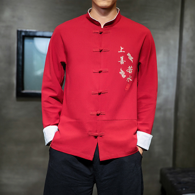 W基地风春装男士上善若水刺绣长袖衬衫麻米色A032/C21/55控68,男装衬衫,电商A032