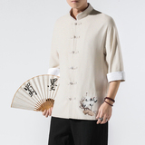白墙2022男士撞色扣子复古七分短袖衬衫麻本色A032/C62/55控68，男装衬衫，电商A032