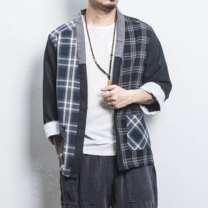 白墙 夏装风拼接撞色格子开衫汉服T恤男A032/1822/特P40图片