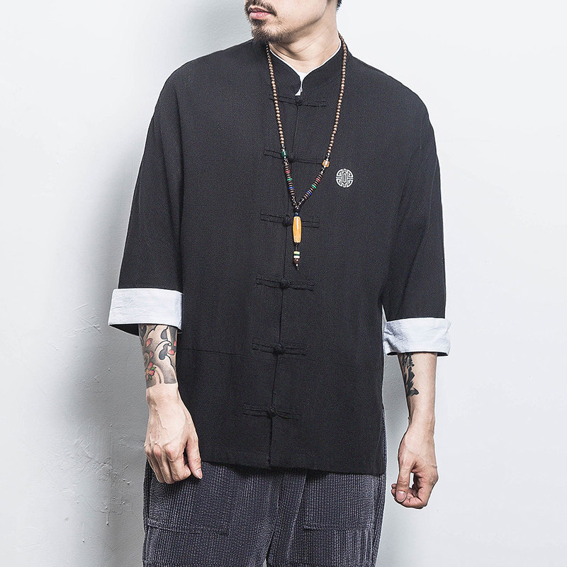 白墙风夏装男士七分袖衬衫棉麻短袖衬衣红色A032/C66/55控68,男装衬衫,电商A032