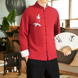 咖啡厅风春装男士胸前鹤刺绣长袖衬衫红色A032/C22/55控68，男装衬衫，电商A032