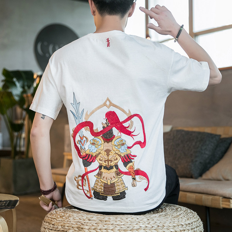 咖啡厅风重工杨戬刺绣情侣短袖T恤灰色版权A032/T102/65,男装T恤,电商A032