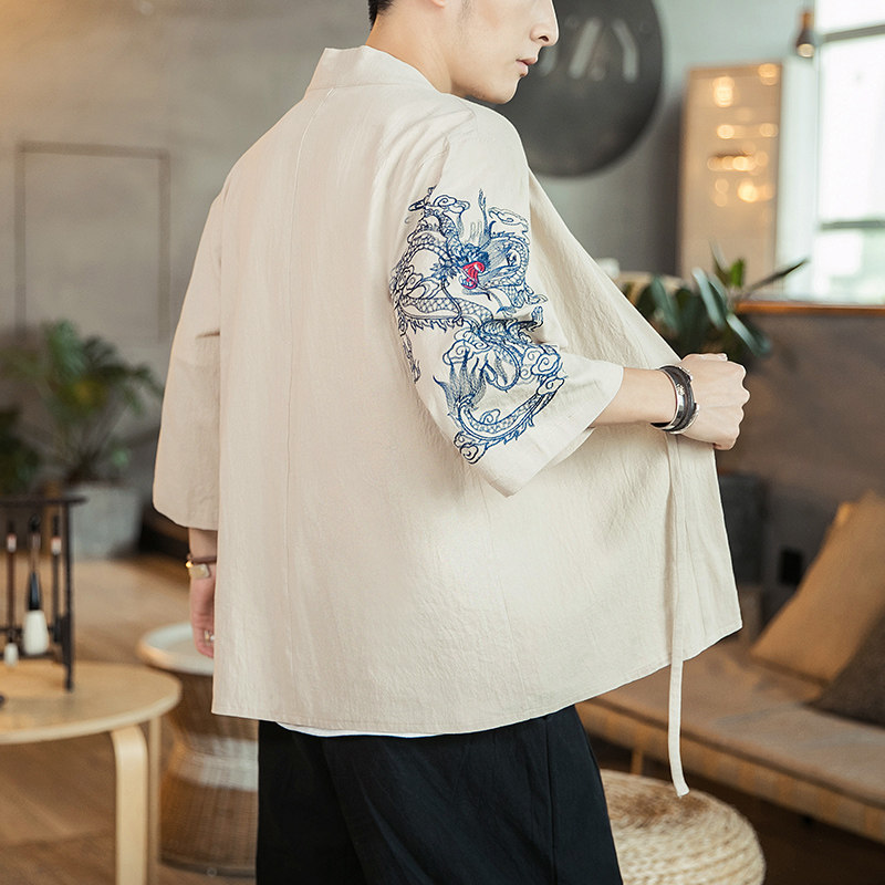 咖啡厅风夏装男士汉服龙刺绣开衫卡其色A032/KS002/50控68,男装衬衫,电商A032