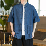 咖啡厅深蓝2023新款夏季男士复古牛仔大码风衬衫A032/C71/65，男装衬衫，电商A032