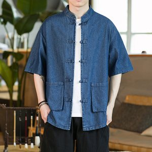咖啡厅深蓝 2023新款夏季男士复古牛仔大码风衬衫A032/C71/65图片