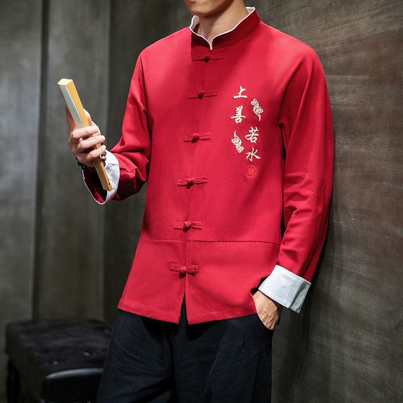 W基地风春装男士上善若水刺绣长袖衬衫黑色032/C21/55控68,男装衬衫,电商A032