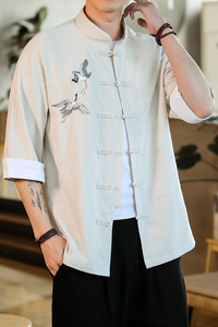 2022男士撞色扣子七分短袖衬衫胸前鹤刺绣麻本色 A032/C63/55控68图片