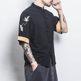 白墙风男士短袖衬衫仙鹤刺绣衬衣卡其A032/DS003/50控68，男装衬衫，电商A032