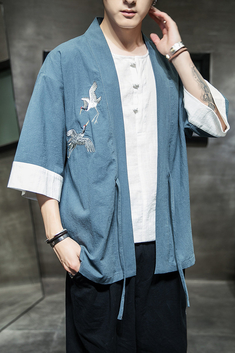 W基地风夏装男士汉服仙鹤刺绣开衫湖蓝色A032/KS003/50控68,男装衬衫,电商A032