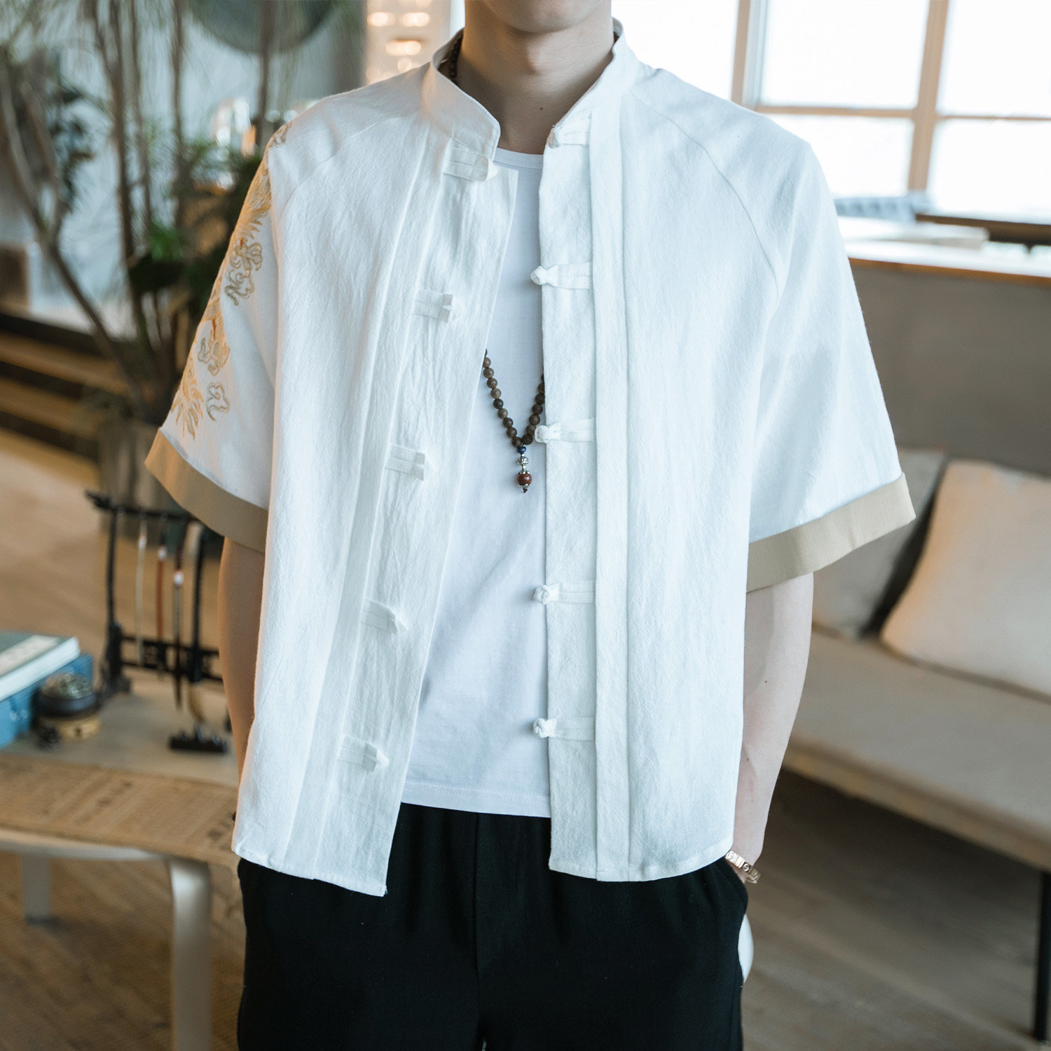 咖啡厅风男士短袖衬衫金龙刺绣衬衣白色A032/DS001/50控68,男装衬衫,电商A032