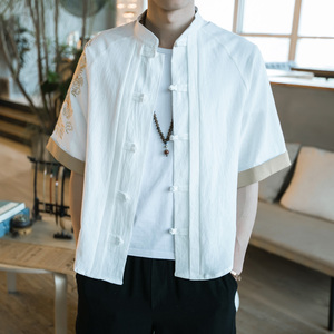 咖啡厅 风男士短袖衬衫金龙刺绣衬衣白色A032/DS001/50控68图片