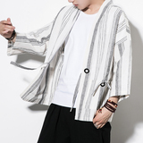 白墙夏装风男士条纹开衫T恤白色条纹汉服A032/1816/特P50，男装衬衫，电商A032