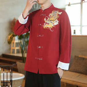 咖啡厅 风春装男士胸前龙刺绣长袖衬衫红A032/C26/65控78图片