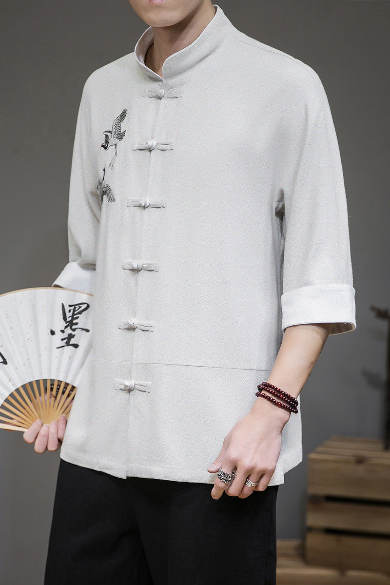 灰墙男士撞色扣子七分短袖衬衫胸前鹤刺绣麻本色A032/C63/55控68,男装衬衫,电商A032