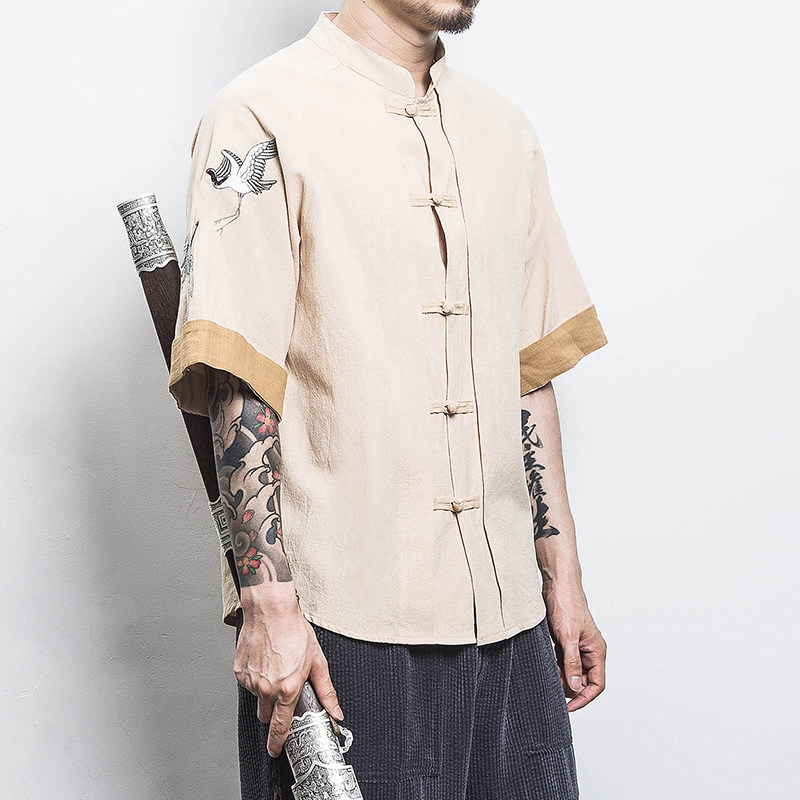白墙风男士短袖衬衫仙鹤刺绣衬衣黑色A032/DS003/50控68,男装衬衫,电商A032