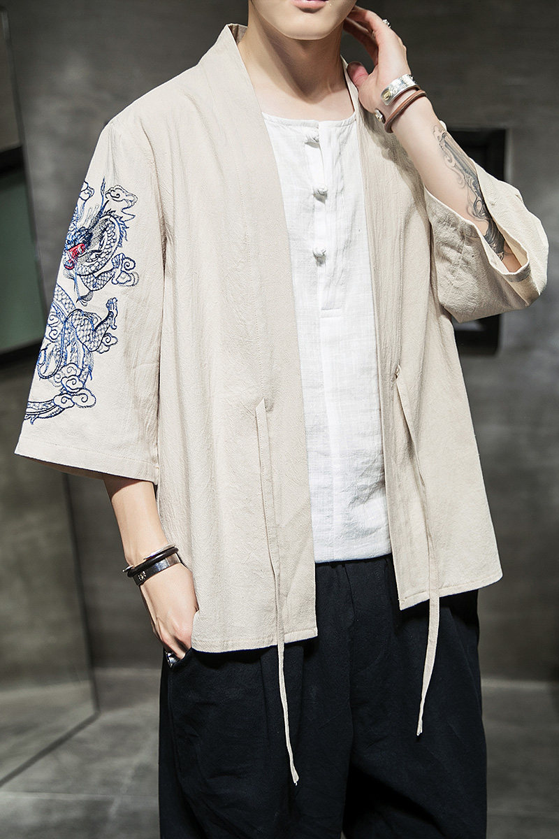 W基地风夏装男士汉服龙刺绣开衫卡其色A032/KS002/50控68,男装衬衫,电商A032