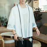 咖啡厅风海浪刺绣七分袖开衫汉服防晒衣黑A032/2207/50控68，男装衬衫，电商A032