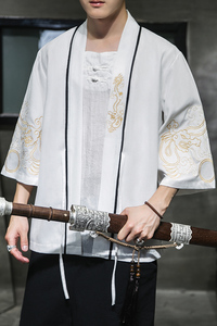 W基地风夏装新款龙腾刺绣汉服开衫衬衫白色 A032/2204/50控68图片