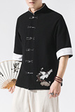 白墙2022男士撞色扣子复古七分短袖衬衫黑色A032/C62/55控68，男装衬衫，电商A032