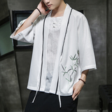 W基地风竹子刺绣七分袖开衫汉服防晒衣白色A032/2205/50控68，男装衬衫，电商A032