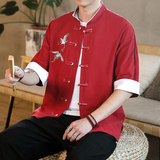 2022男士撞色扣子七分短袖衬衫胸前鹤刺绣红A032/C63/55控68，男装衬衫，电商A032