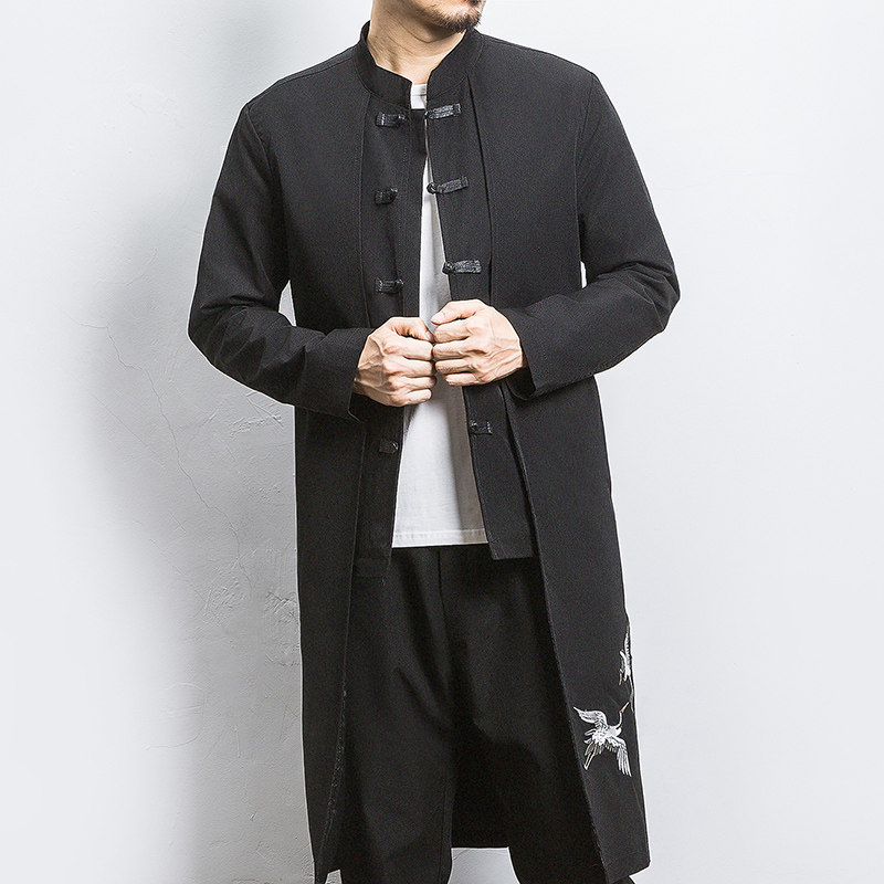 白墙风春装假两件风衣飞鹤刺绣盘扣外套A032/1906/95控128,男装风衣,电商A032