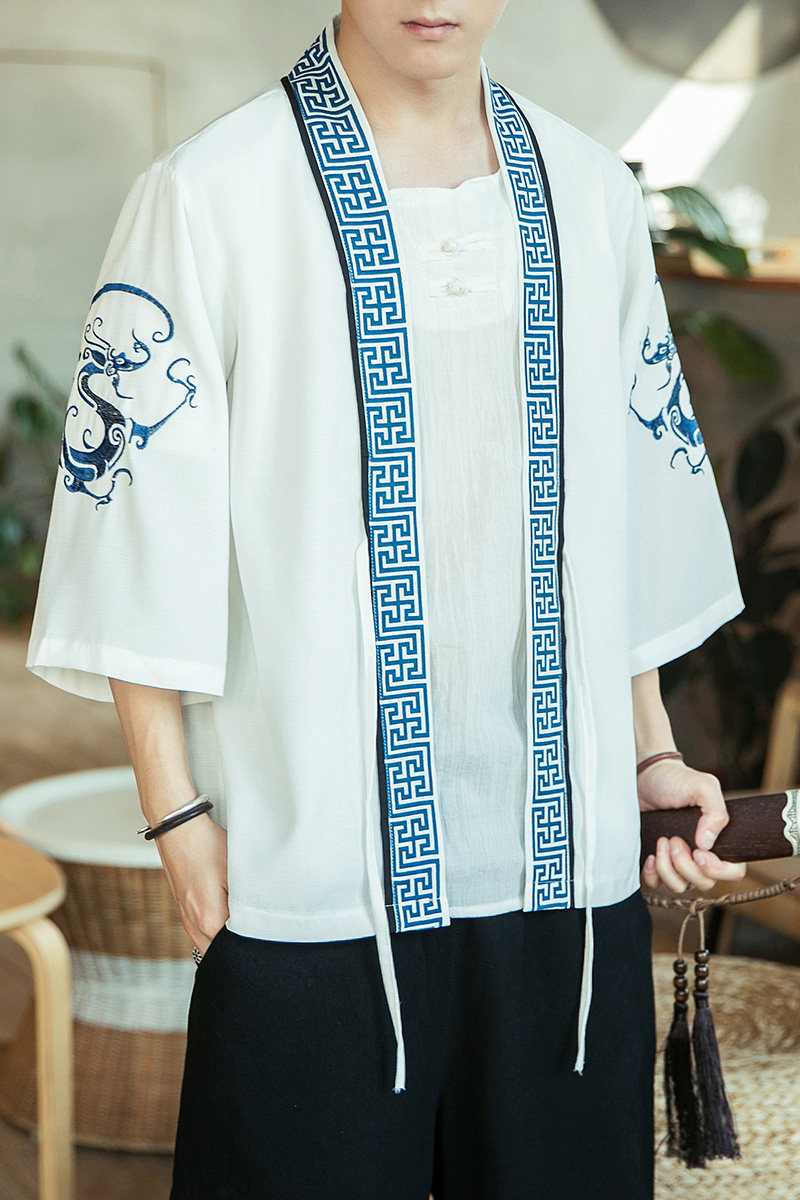 咖啡厅风圆龙刺绣七分袖开衫汉服防晒衣白色A032/2201/50控68,男装衬衫,电商A032