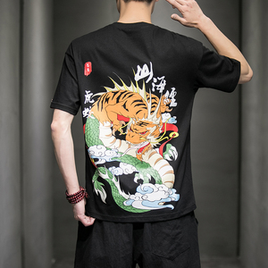 风夏装山海经系列情侣印花男士短袖T恤衫虎鲛黑A032/T105/35图片