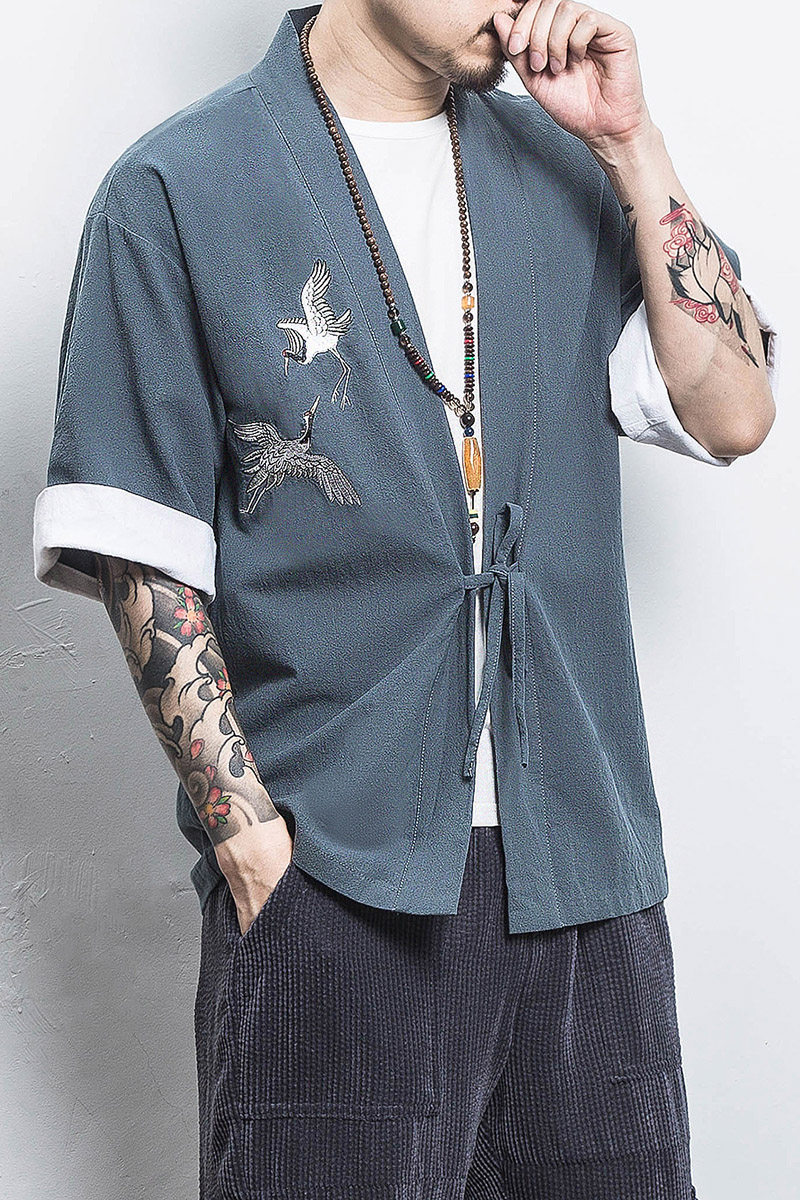 白墙风夏装男士汉服仙鹤刺绣开衫湖蓝色A032/KS003/50控68,男装衬衫,电商A032