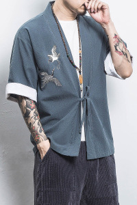 白墙 风夏装男士汉服仙鹤刺绣开衫湖蓝色 A032/KS003/50控68图片
