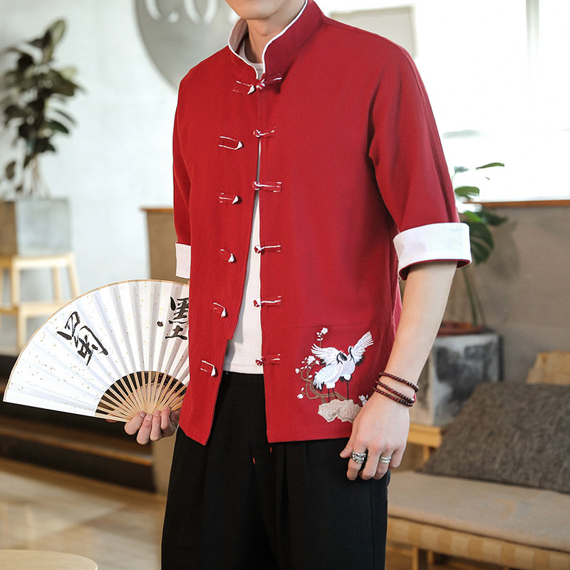 2022风男士撞色扣子复古七分短袖衬衫红A032/C62/55控68,男装衬衫,电商A032