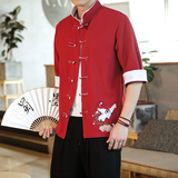2022风男士撞色扣子复古七分短袖衬衫红A032/C62/55控68，男装衬衫，电商A032