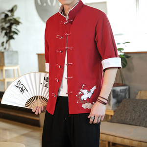 2022风男士撞色扣子复古七分短袖衬衫红A032/C62/55控68图片