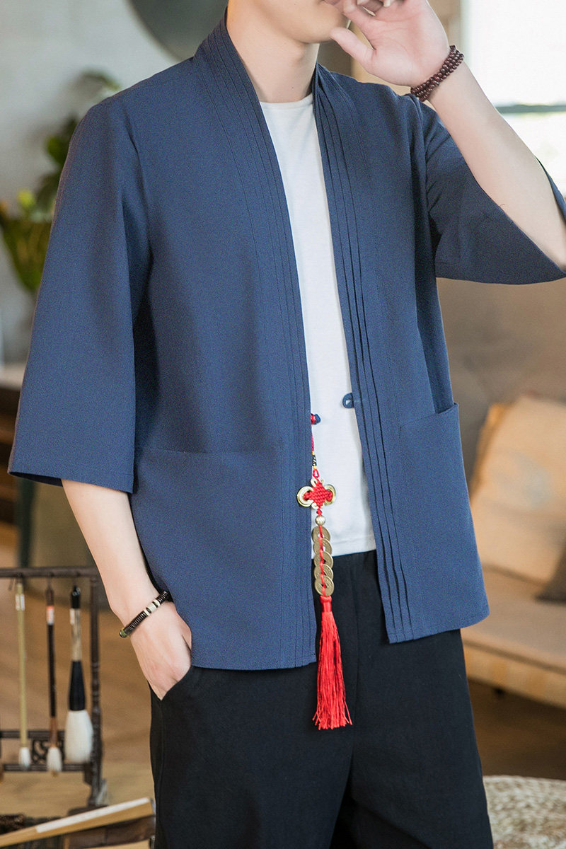 咖啡厅夏季风纯色汉服开衫藏青七分袖铜钱道袍A032/KS006/60,男装衬衫,电商A032
