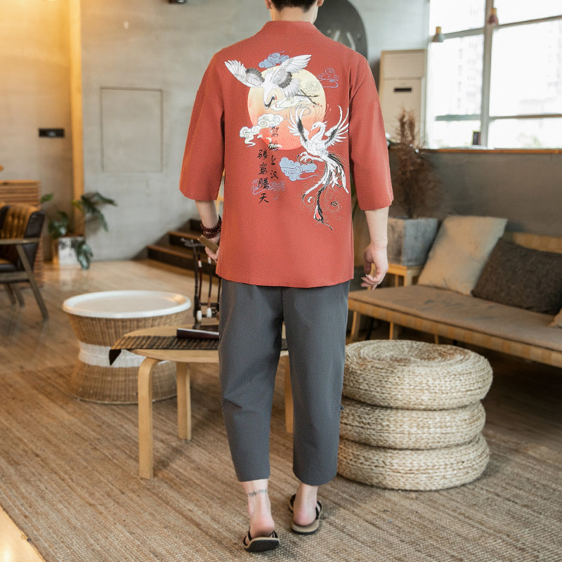 风男士七分袖开衫撞色印花汉服开衫套装藏青A032/T1191/100,男装衬衫,电商A032