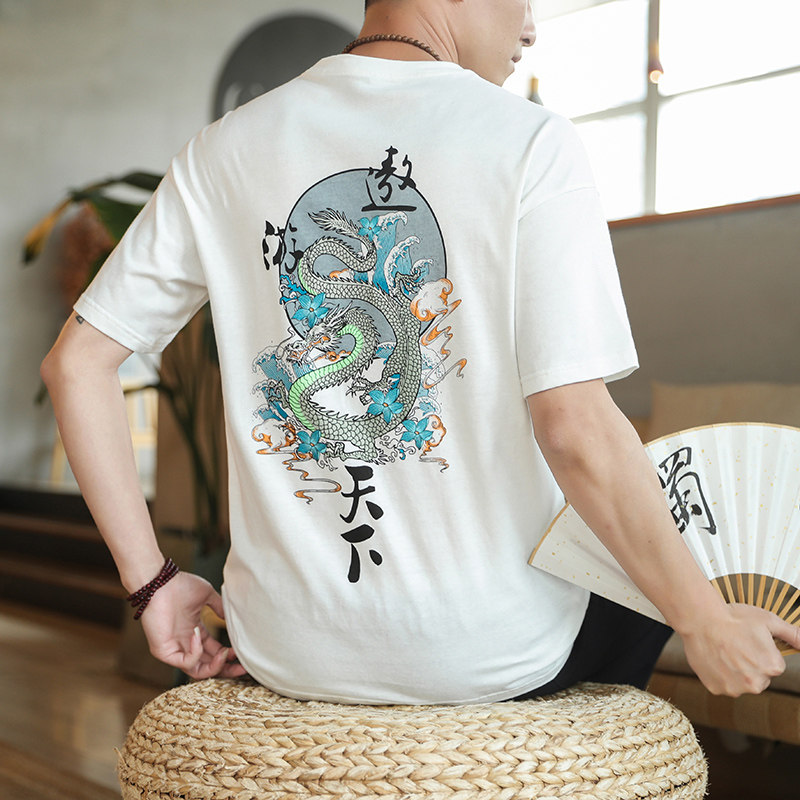 咖啡厅风男士短袖T恤衫遨游天下印花潮T恤白色A032/T201/35,男装T恤,电商A032