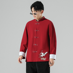 无影墙 风春装男士衣脚鹤刺绣长袖衬衫红A032/C25/65控78图片