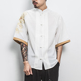 白墙风男士短袖衬衫金龙刺绣衬衣卡其色A032/DS001/50控68，男装衬衫，电商A032