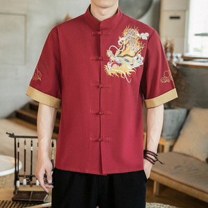 咖啡厅 风春装男士胸前龙刺绣短袖衬衫黑色  A032/C68/55控68图片