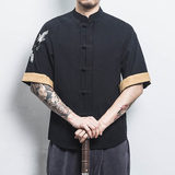 白墙风男士短袖衬衫仙鹤刺绣衬衣黑色A032/DS003/50控68，男装衬衫，电商A032