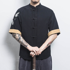 白墙 风男士短袖衬衫仙鹤刺绣衬衣黑色A032/DS003/50控68图片