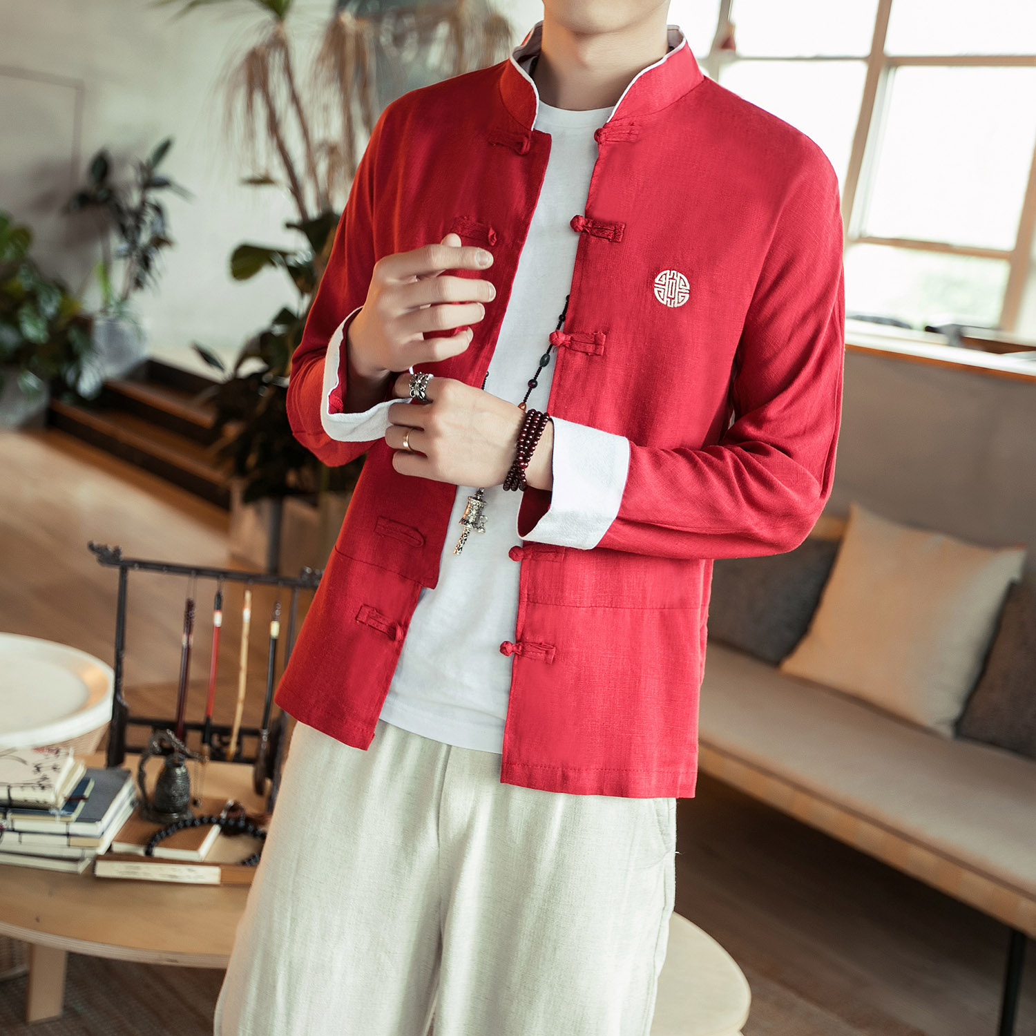 风春装咖啡厅男士翻袖复古长袖衬衫红A032/C01/60控78,男装衬衫,电商A032