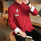 咖啡厅风春装男士胸前鹤刺绣长袖衬衫红色A032/C22/55控68，男装衬衫，电商A032