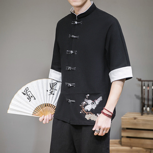灰墙 2022男士撞色扣子复古七分短袖衬衫黑色 A032/C62/55控68图片