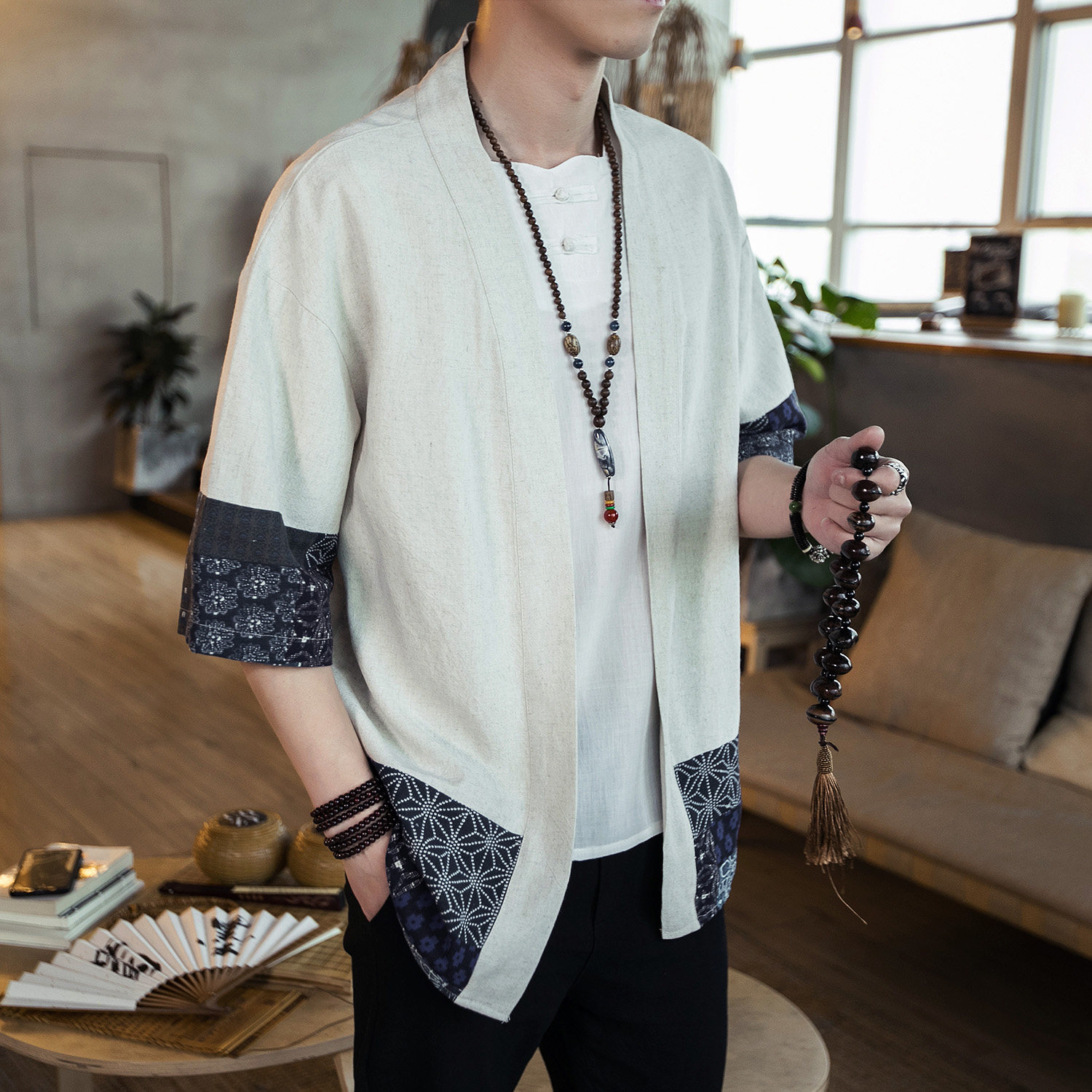 风拼接七分袖棉麻男士汉服开衫A032/1809/特P30,男装衬衫,电商A032