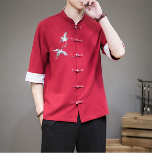 灰墙男士撞色扣子七分短袖衬衫胸前鹤刺绣红A032/C63/55控68