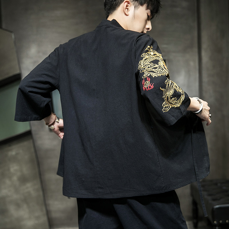 W基地风夏装男士汉服龙刺绣开衫黑色A032/KS002/50控68,男装衬衫,电商A032