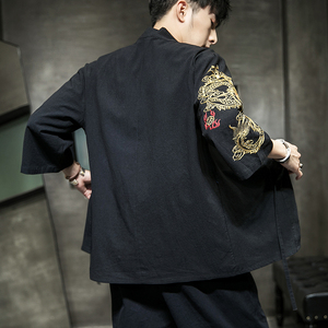 W基地 风夏装男士汉服龙刺绣开衫黑色A032/KS002/50控68图片
