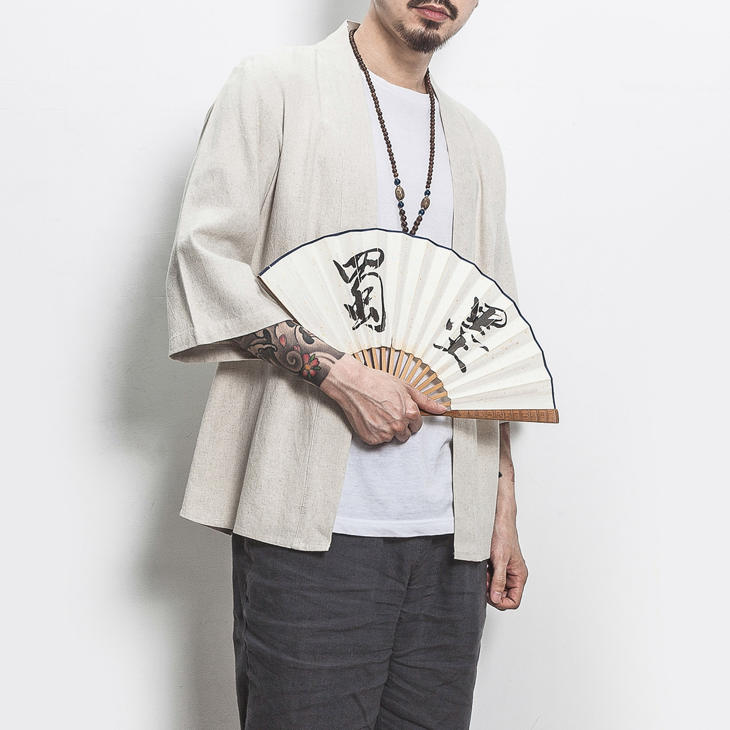 白墙模特风纯色汉服七分袖开衫衬衫道袍A032/1805/特P30,男装衬衫,电商A032