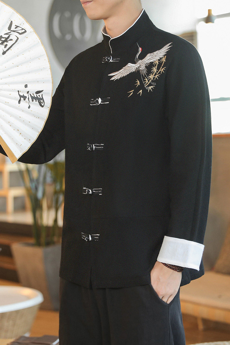 咖啡厅风春装男士撞色盘扣飞鹤图刺绣衬衫黑色A032/C27/65,男装衬衫,电商A032
